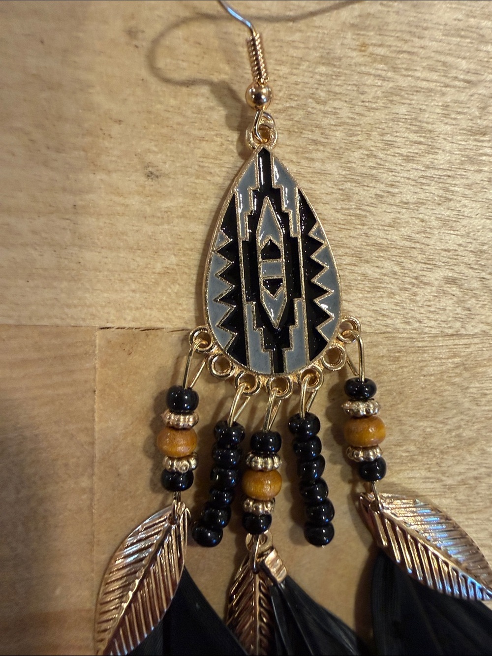 Gold Tone and Black Feather Drop Earrings - Tribal Bead Dangles - Picture 3 of 3
